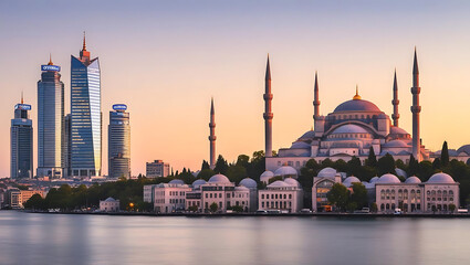 Obraz premium wide view of Istanbul’s skyline at twilight with modern skyscrapers on one side and traditional Ottoman-style architecture on the other