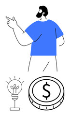 Man pointing to ideas and earnings symbols with a lightbulb and dollar coin. Ideal for business strategy, entrepreneurship, innovation, leadership, financial management, growth, abstract line flat