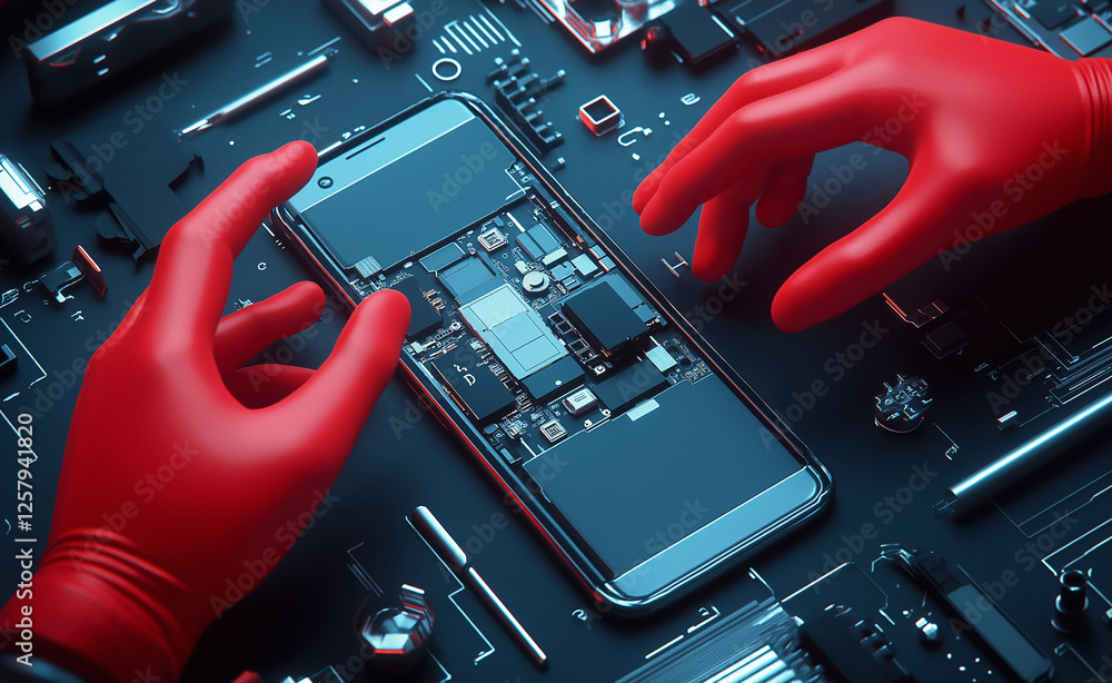 Poster technicians wearing red gloves repairing a computer motherboard with precision tools in a high-tech 
