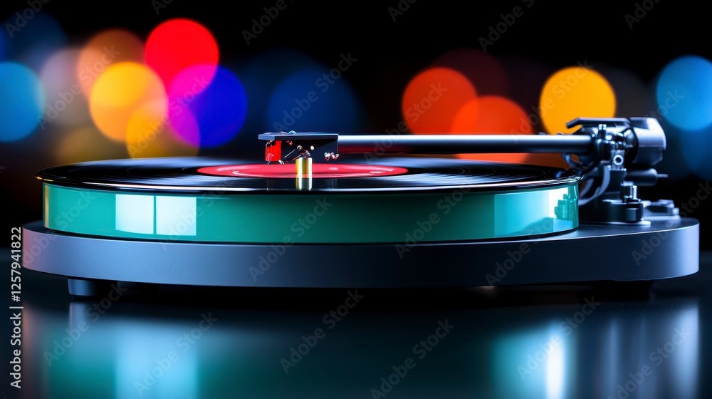 Poster close up of a modern record player, stylized with pixelated graphic and vibrant colorful bokeh backg