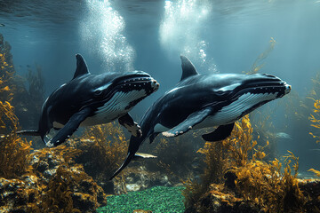 Two humpback whales swimming in the ocean. The water is blue and the rocks are green
