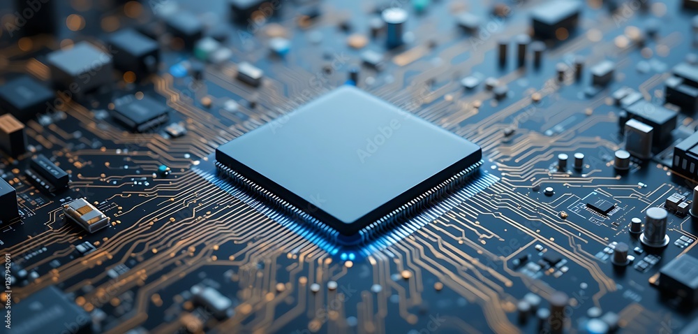 Poster modern high tech integrated circuit microchip cpu on motherboard