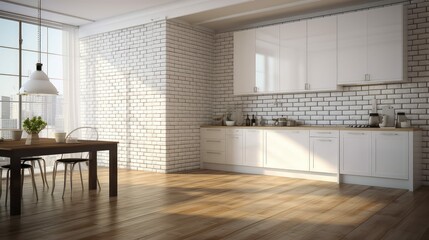 Fototapeta premium contrast white brick wall wood floor