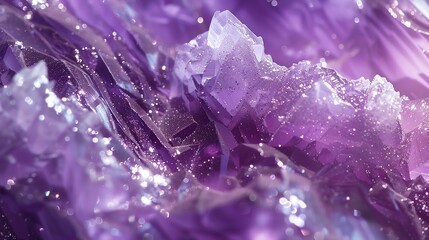 A close up of an amethyst crystal with a shiny, purple texture.
