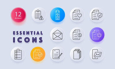 Business and documentation set icon. Checklist, identification, financial report, verified document, email, transaction, writing, file storage, mobile communication