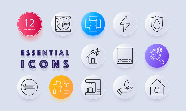 Electrical set icon. Fan, studio light, lightning, protection, power supply, electricity, ventilation, automation, energy efficiency, home automation, smart devices, water