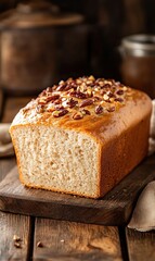Rustic Alabama pecan bread loaf baked to golden perfection on wooden countertop