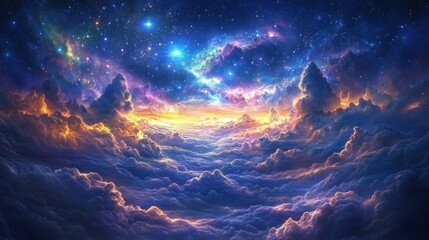 Fototapeta premium Colorful nebula above cloudscape, fantasy art, cosmic dreamscape, wallpaper