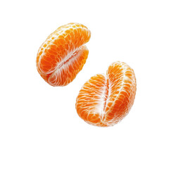 Two fresh and juicy mandarin orange segments on a white background.