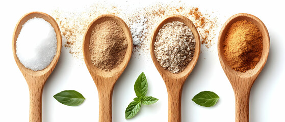 Four spices in spoons, white background. Food photography