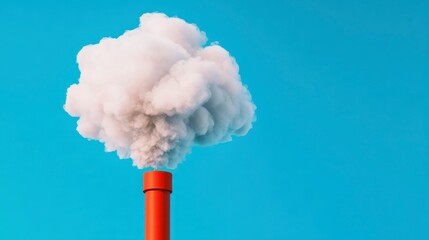 Large fluffy white cloud of smoke billows from a bright orange industrial smokestack against a vivid blue sky. The smoke is voluminous and light