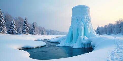 Frozen water tower blends into snowy landscape, scenery, peaceful
