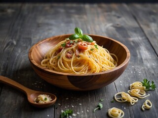 Gourmet Carbonara Pasta Dish with Fresh Herbs on Rustic Wooden Table