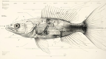 Detailed Fish Anatomy Drawing Soft Light Monochrome. AI Generated