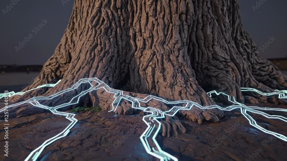 Poster futuristic digital tree with pulsating neon roots connected to a high-tech circuit board,