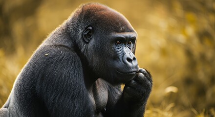 Fototapeta premium Thoughtful Gorilla Portrait in Natural Habitat with Peaceful Expression