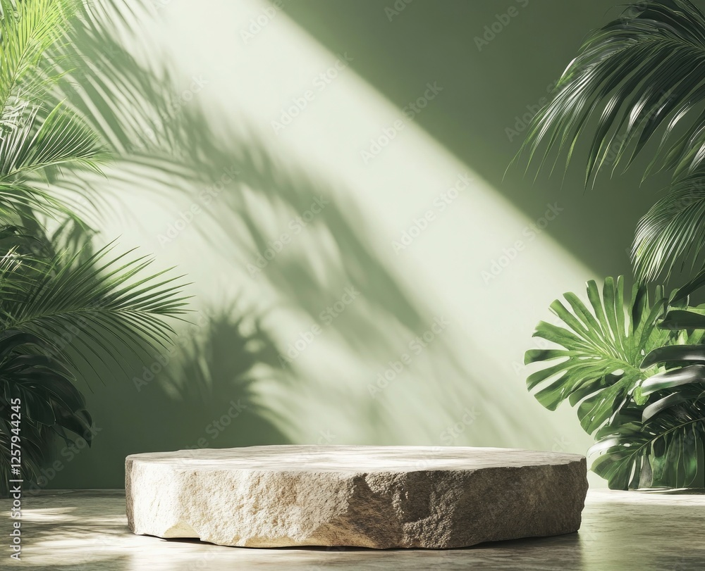 Poster 3d rendering of a green background with tropical plants and a stone podium for a product display pre