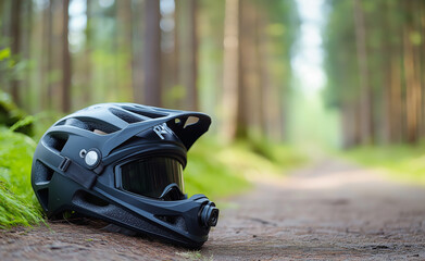 Fototapeta premium A black mountain biking helmet with a mounted action camera resting on moss in a sunlit forest. 