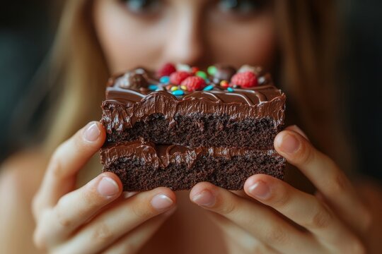 eat less sugar for health, women avoid to eat chocolate cake and sweets during sugar diet session for lose weight