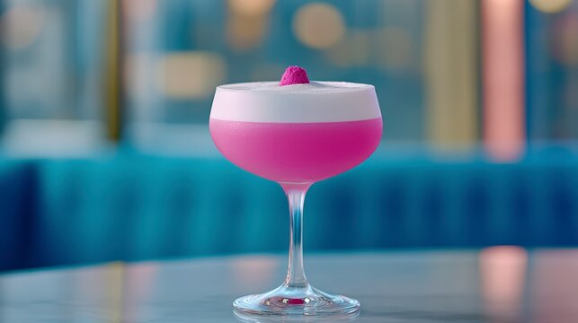 Elegant pink cocktail in a coupe glass, topped with white foam and a raspberry. The glass is clear, the drink vibrant pink, and the foam sits atop it