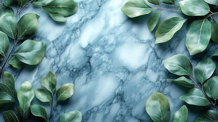 Obraz premium Green leaves frame marble background