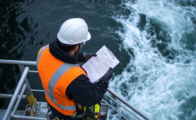 Fototapeta premium A maritime worker in a orange safety suit and helmet reviewing documents on an offshore platform above rough ocean waters. 