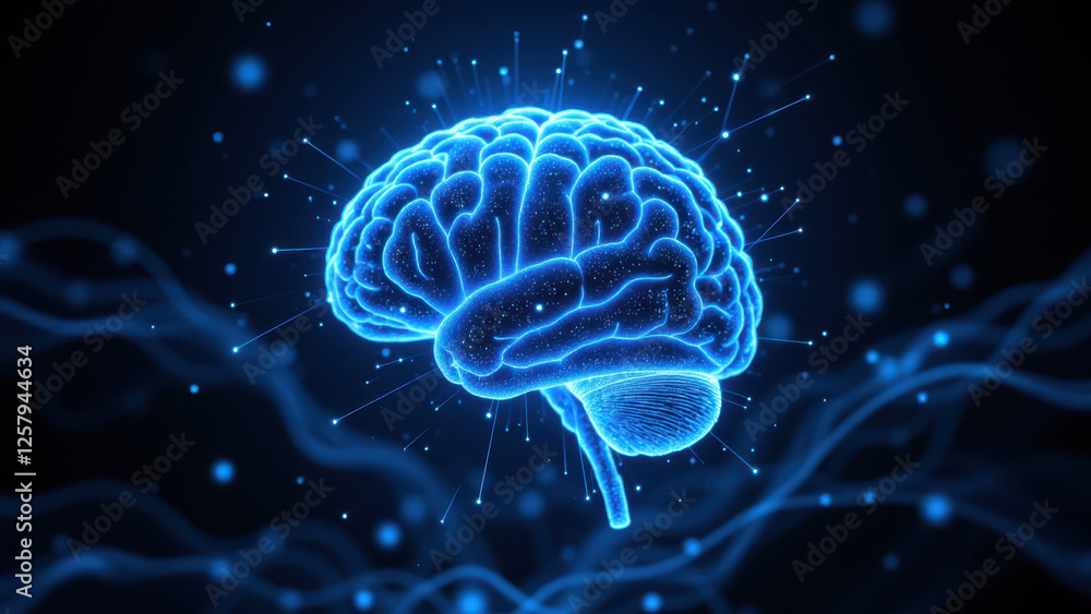 Poster an artistic digital rendering featuring an ai-themed human brain with a glowing aura of particles.