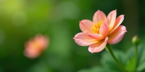 Delicate pink apricot-colored flowers on a slender stem, greenery, stems, nature