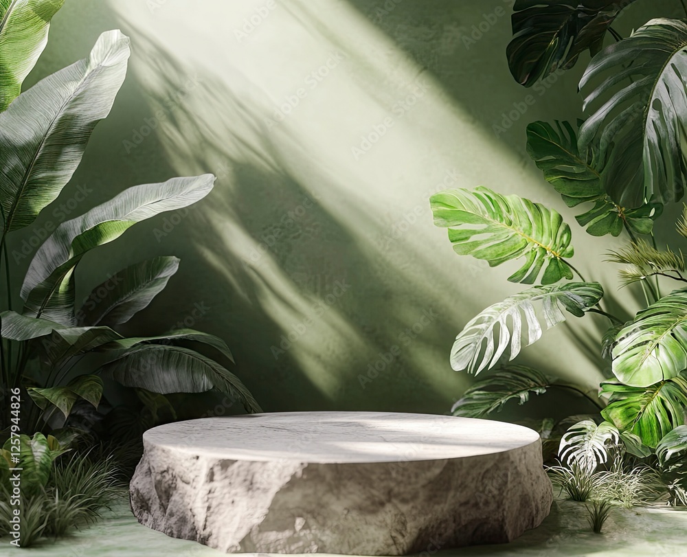 Poster 3d rendering of a green background with tropical plants and a stone podium for a product display pre