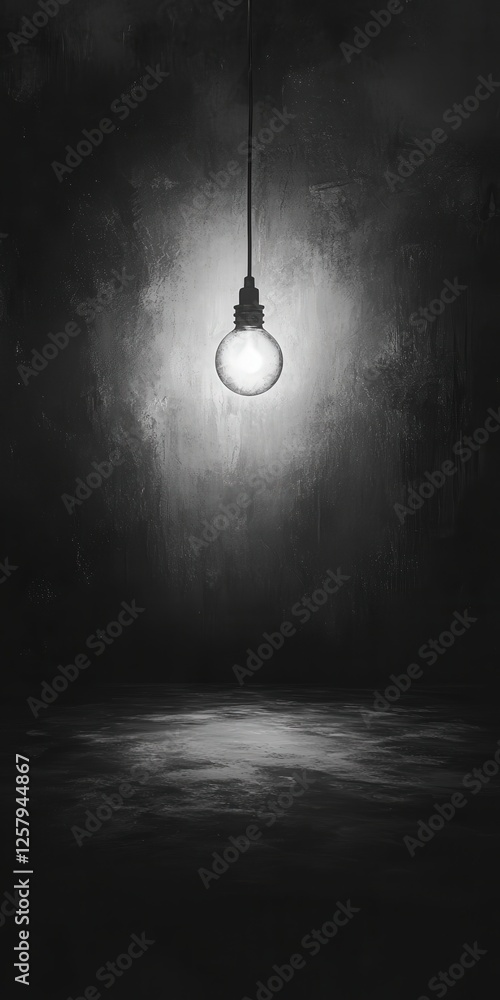Poster black and white image of a quiet underground tunnel. the only light source is a flickering bulb hang