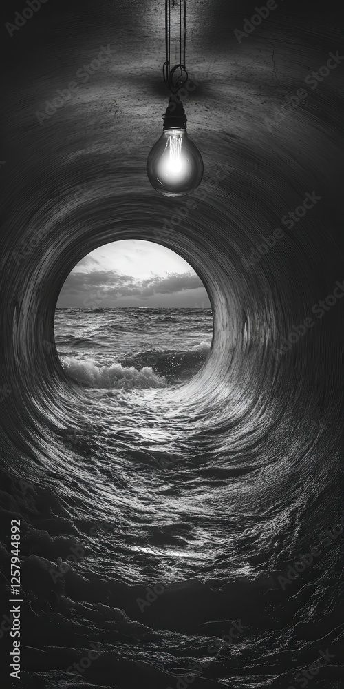 Poster black and white image of a quiet underground tunnel. the only light source is a flickering bulb hang