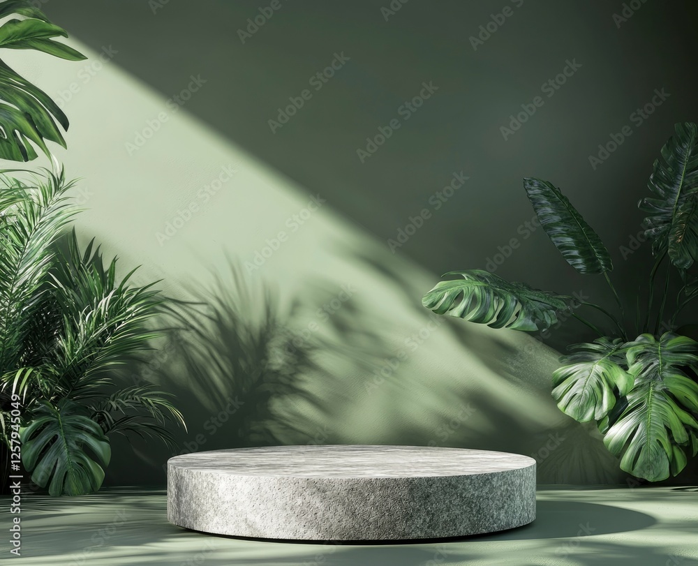 Poster 3d rendering of a green background with tropical plants and a stone podium for a product display pre