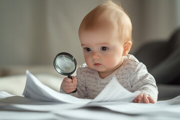 A baby holding a magnifying glass and looking at a business report,