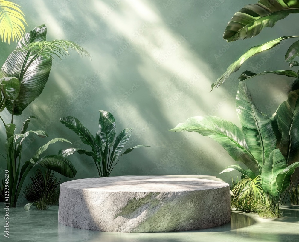 Poster 3d rendering of a green background with tropical plants and a stone podium for a product display pre