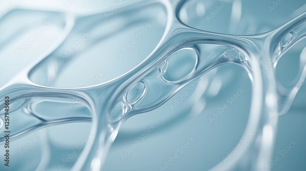 Poster a close-up of transparent liquid shapes forming an abstract molecular structure with a soft blue bac