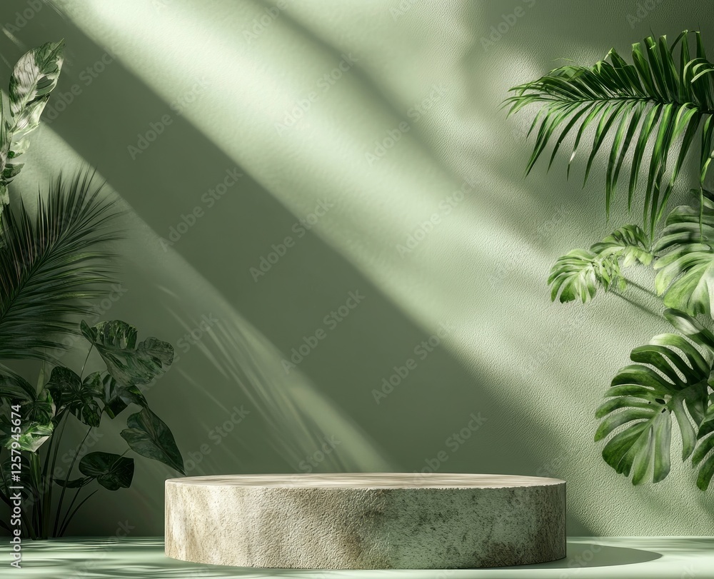 Poster 3d rendering of a green background with tropical plants and a stone podium for a product display pre