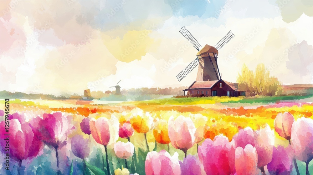Poster colorful watercolor illustration of tulip fields with windmill showcasing vibrant spring colors and 