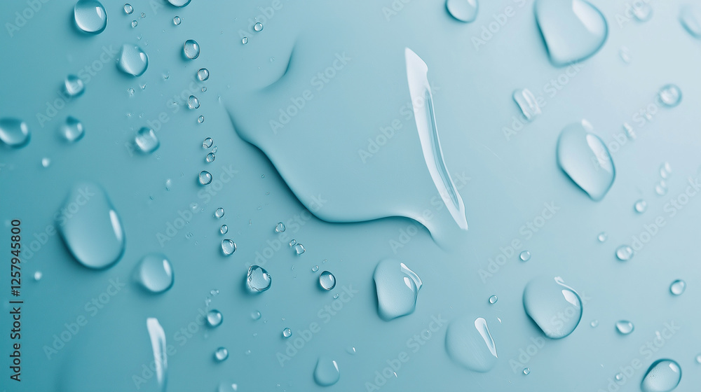 Poster a pattern of scattered water droplets on a smooth turquoise surface, creating a fresh and clean aest