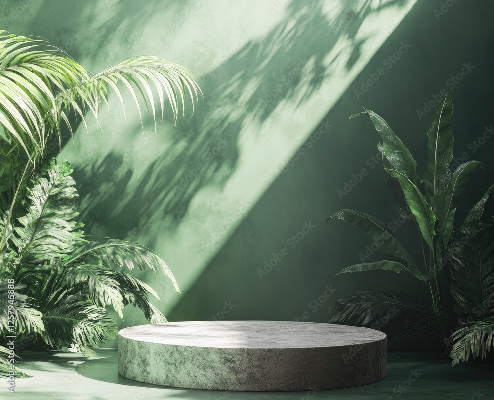 Poster 3d rendering of a green background with tropical plants and a stone podium for a product display pre