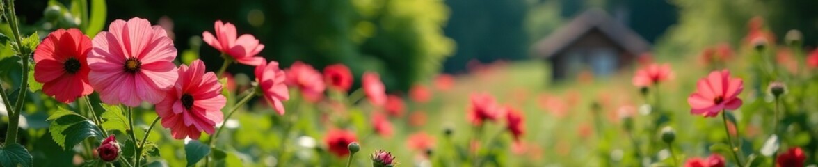 Blumen in Sonnenblume-Gr??e um den alten Hausteil herum wachsen, alteh?user, natur, gartendekoration