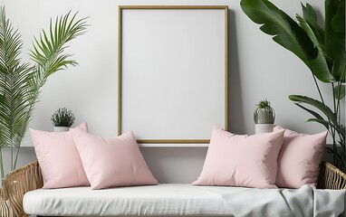 Pink pillows on wicker sofa, mockup poster, plants. Interior design