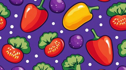 Pixelated pattern of colorful vegetables including red and yellow bell peppers, purple plums, and green leafy vegetables on a purple background with