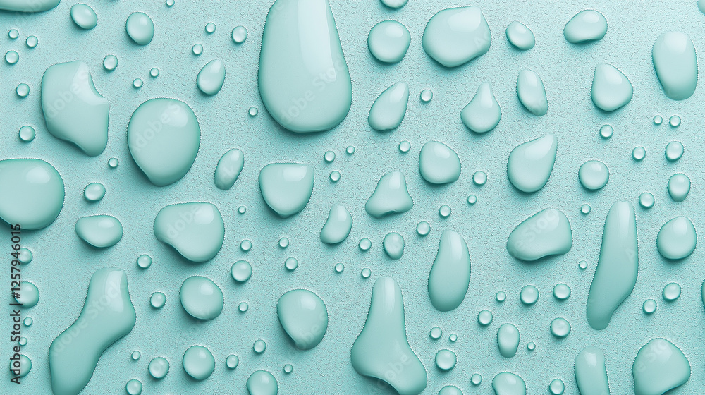 Poster a pattern of scattered water droplets on a smooth turquoise surface, creating a fresh and clean aest