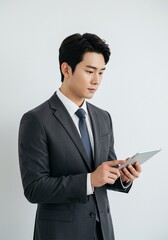 Photo of asian man business manager good and positive mood holding digital e-book tablet reading company report formal wear shirt blazer luxury suit white color background
