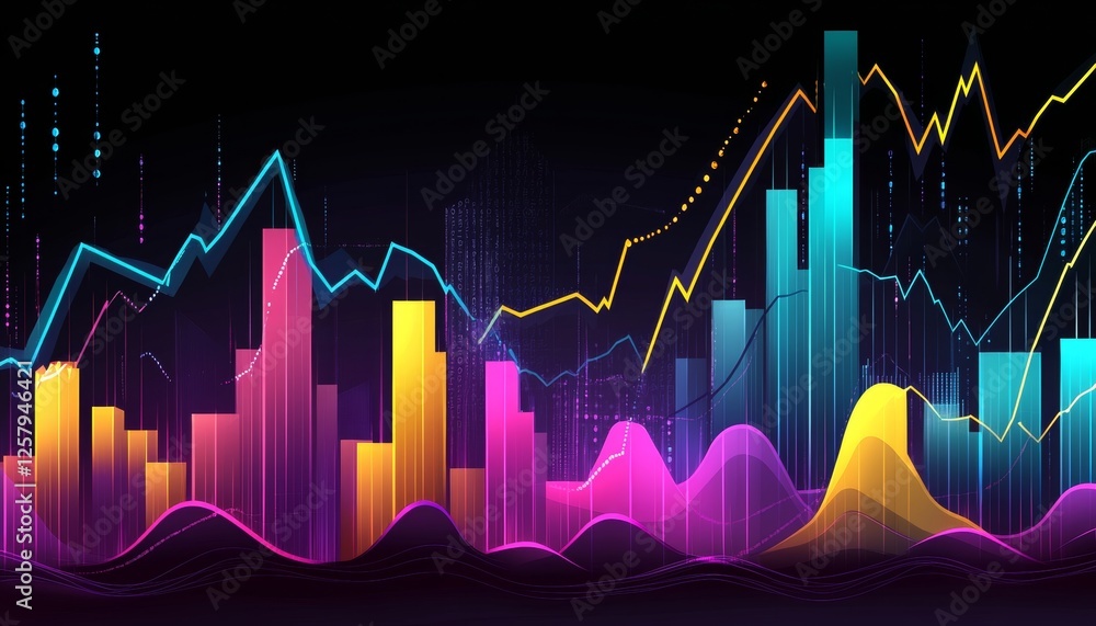 Poster vibrant vector graphic of colorful glowing chart lines and bar graphs over a deep space background.