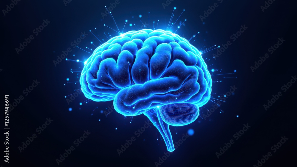 Poster a digital illustration of an artificial intelligence or advanced brain with glowing blue highlights 