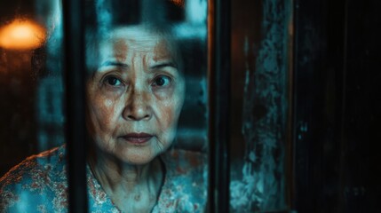 elderly woman gazing through window at night