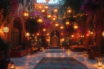 Illuminated Courtyard, Arabian Nights Setting, Festive Gathering