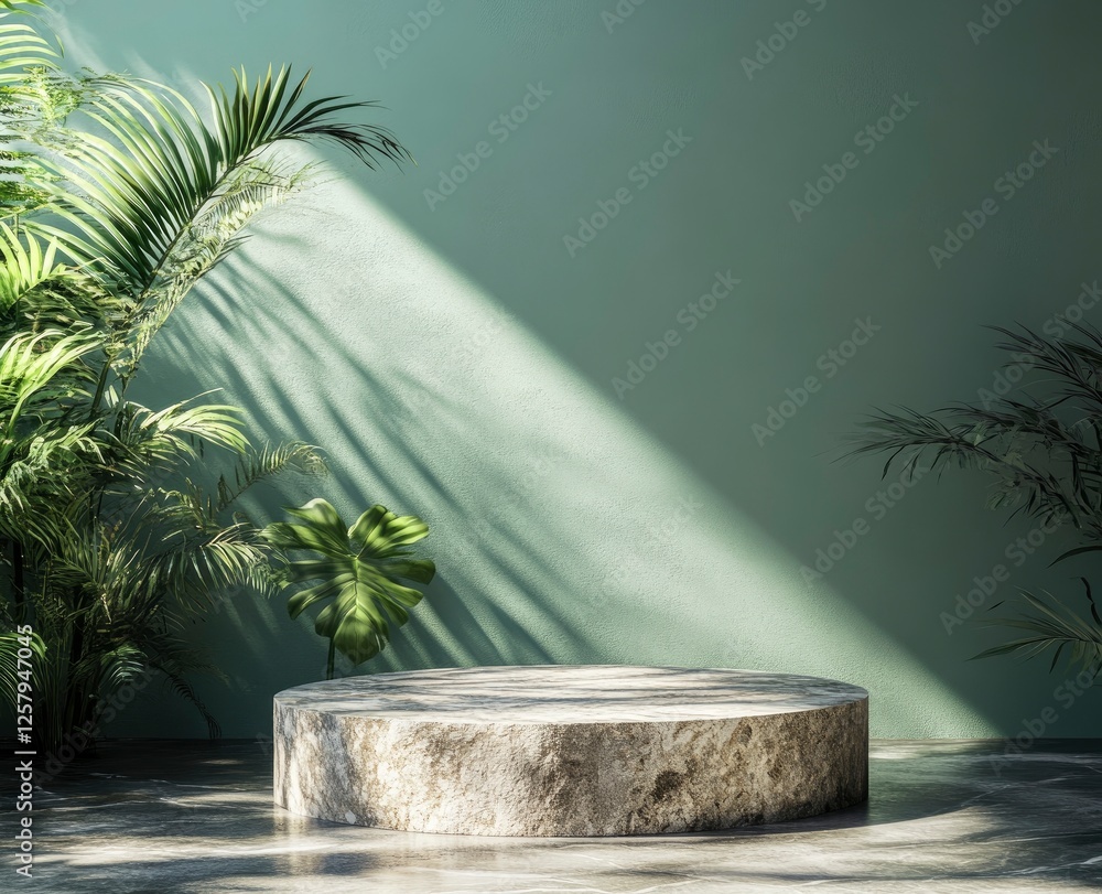 Poster 3d rendering of a green background with tropical plants and a stone podium for a product display pre