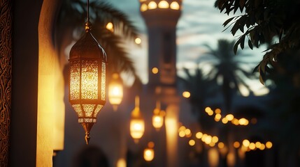 Glowing Crescent Moon with Lanterns Ramadan Concept
